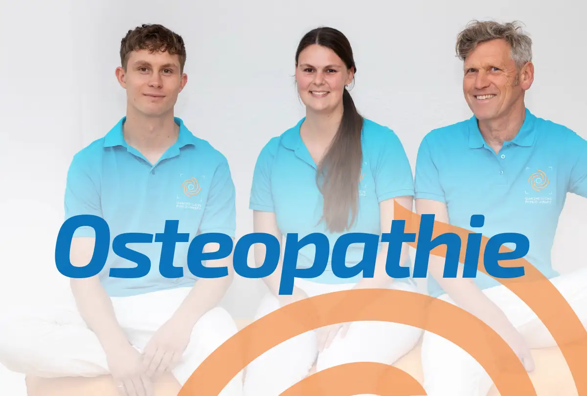 Bild mit Überschrift „Osteopathie". Gezeigt werden die zuständigen Therapeut*innen. Link zur Themenseite.